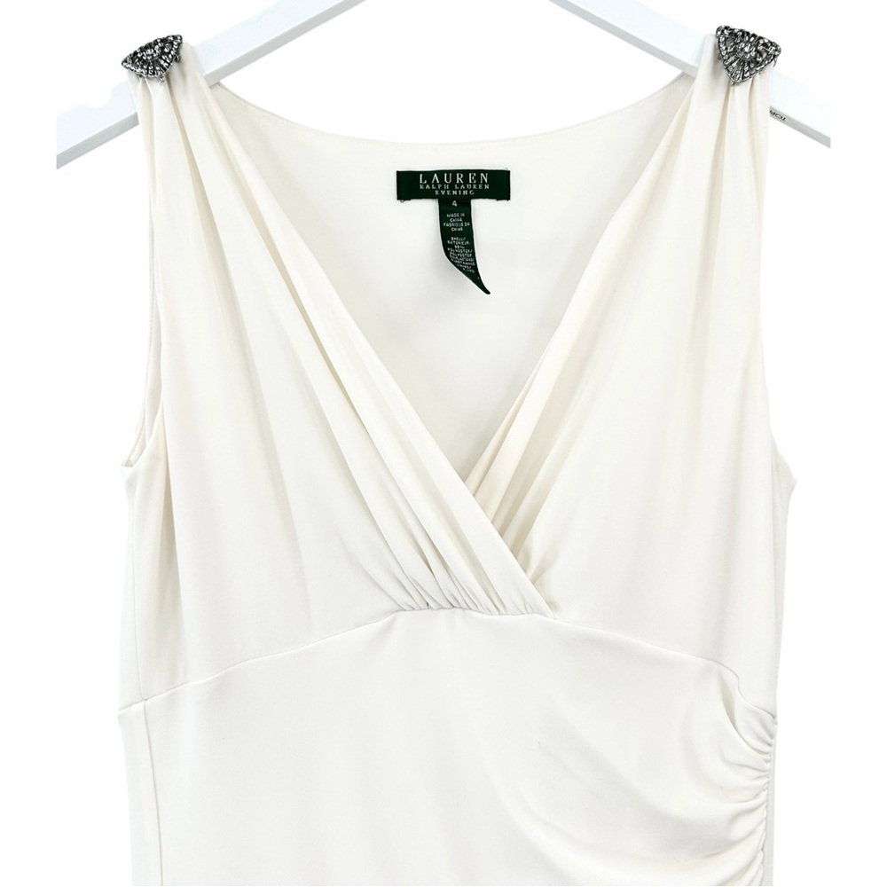 Lauren Ralph Lauren White Draped Embellished  Formal Evening Maxi Dress Gown - Picture 5 of 8